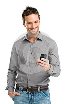 Portrait Of Happy Man Using Mobile