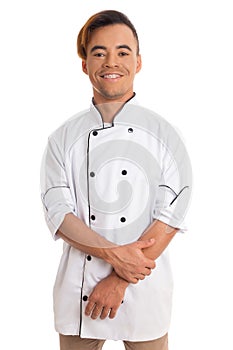 Portrait of a happy man. Young black man is in white cook uniform.