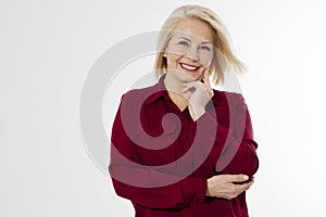 Portrait of happy Mature business woman middle-age woman smiling isolated on white background