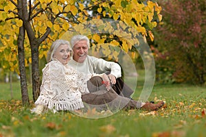 Portrait of happy mature couple posing outdoors in autumn park