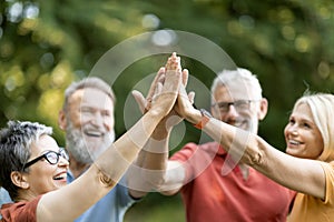 Portrait Of Happy Mature People Giving High Five To Each Other Outdoors