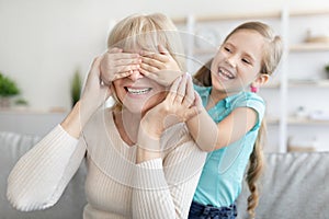 Portrait of happy mature woman and granddaughter playing
