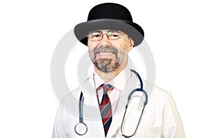 Portrait of happy middle-aged doctor in a hat with stethoscope.