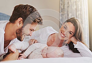 Portrait of happy mother, father and baby in bedroom for love, care and quality time to relax together in house. Mom
