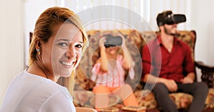 Portrait Happy Mother Smiling And Family Playing Virtual Reality