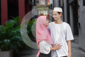 portrait happy muslim teen man and women couple lover friend standing together enjoy fun lifestyle outdoors