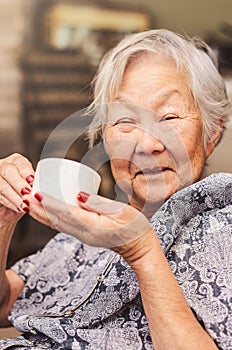 Portrait of a happy old lady japanese descendant seated comfor