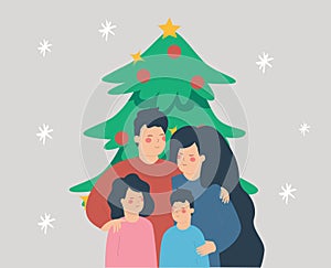 Portrait of Happy parents hug their children in front of their Christmas tree. Merry Christmas and new year concept