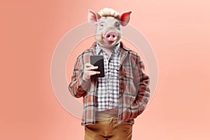 portrait of happy pig holding a phone, created with Generative AI technology
