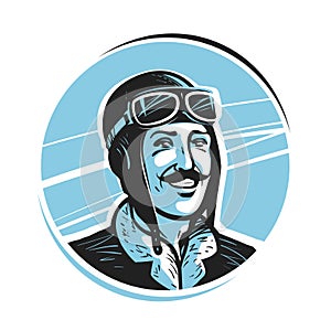 Portrait of happy pilot in cap. Aviator, airman label or logo. Mascot vector illustration