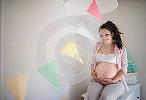 Portrait of happy pregnant woman indoors at home, touching her belly.