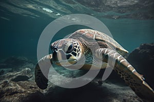 Portrait of a happy sea turtle swimming underwater generative AI