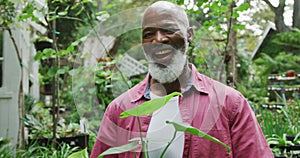 Portrait of happy senior african american man holding plants and similing in garden