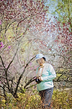 Portrait of happy senior beautiful woman in spring park