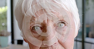 Portrait of happy senior caucasian woman smiling at home, slow motion