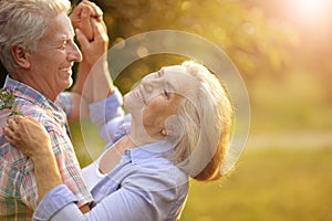 Portrait of happy senior couple dancing in summer park