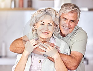 Portrait, happy and senior couple hug in house for love, care and relax in retirement at home. Old man, elderly woman