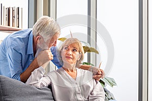 Portrait of happy senior couple in living room, Elderly woman and a man relaxing on cozy sofa at home, Happy family concepts