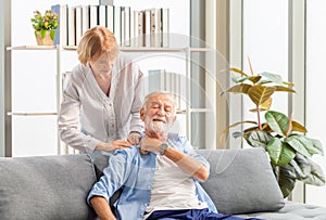 Portrait of happy senior couple in living room, Elderly woman and a man relaxing on cozy sofa at home, Happy family concepts