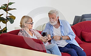 Portrait of happy senior couple in living room, Elderly woman and a man relaxing on cozy sofa at home, Happy family concepts