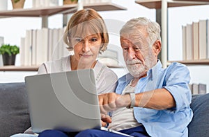 Portrait of happy senior couple in living room, Elderly woman and a man using computer laptop on cozy sofa at home, Happy family