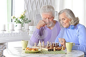 Portrait of happy senior couple playing chess together