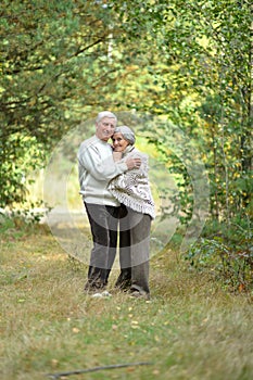 Portrait of happy senior couple posing in autumn forest