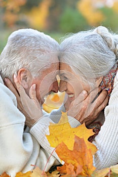 Portrait of a happy senior couple posing in autumn park