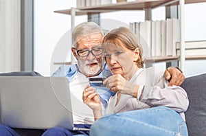 Portrait of happy senior couple shopping online in living room, Elderly woman and a man using computer laptop on cozy sofa at home
