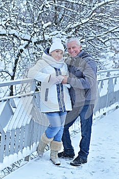 Portrait of a happy senior couple at winter outdoors