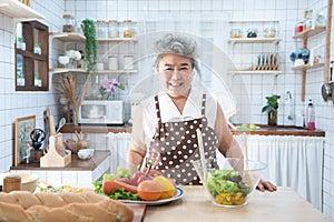 Portrait of happy senior elderly asian grandmother standing cooking meal in kitchen,Old women prepare dinner in hobby lifestyle