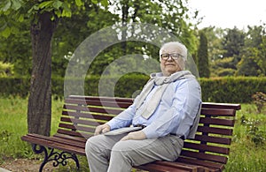 Portrait of happy senior man holding laptop and sitting on bench in green summer park