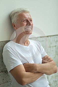 Portrait of happy senior man at home