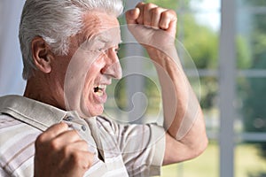 Portrait of happy senior man at home