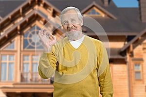 Portrait of a happy senior man showing ok sign.