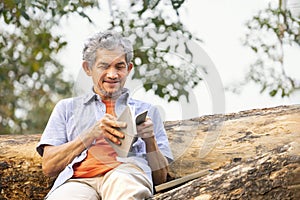 portrait happy senior man sitting and reading a book on tree trunk in summer park