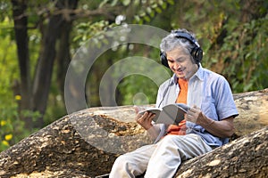 portrait happy senior man sitting on tree trunk in summer park