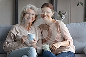 Portrait of happy senior mom and adult daughter drink tea