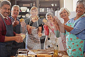Portrait, happy senior people having fun kitchen and at cooking class. Achievement or success, baking or cooking