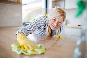 Portrait of senior woman cleaning kitchen counter indoors at home.