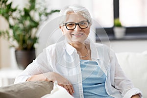 Portrait of happy senior woman in glasses at home