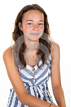 Portrait of happy smile brunette curly young woman beauty enjoy relax on white background