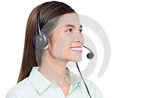 Portrait of happy smiling asian woamn support phone operator in