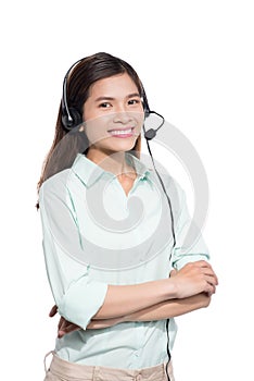 Portrait of happy smiling asian woamn support phone operator in