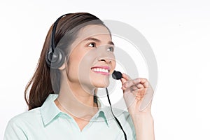 Portrait of happy smiling asian woamn support phone operator in