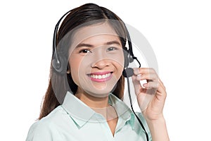 Portrait of happy smiling asian woamn support phone operator in