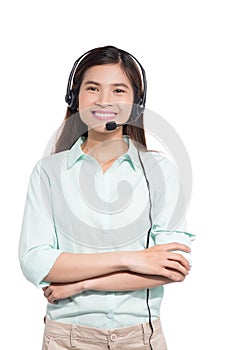 Portrait of happy smiling asian woamn support phone operator in