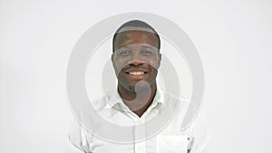 Portrait of happy smiling business black American, African man, person standing isolated in fashion design concept on white