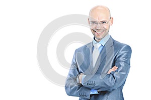 Portrait of happy smiling business man, isolated on white backgr