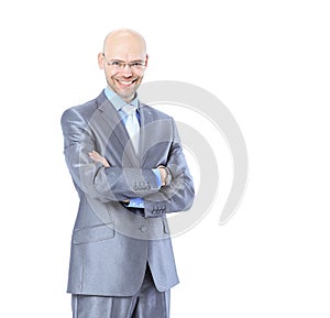 Portrait of happy smiling business man, isolated on white backgr